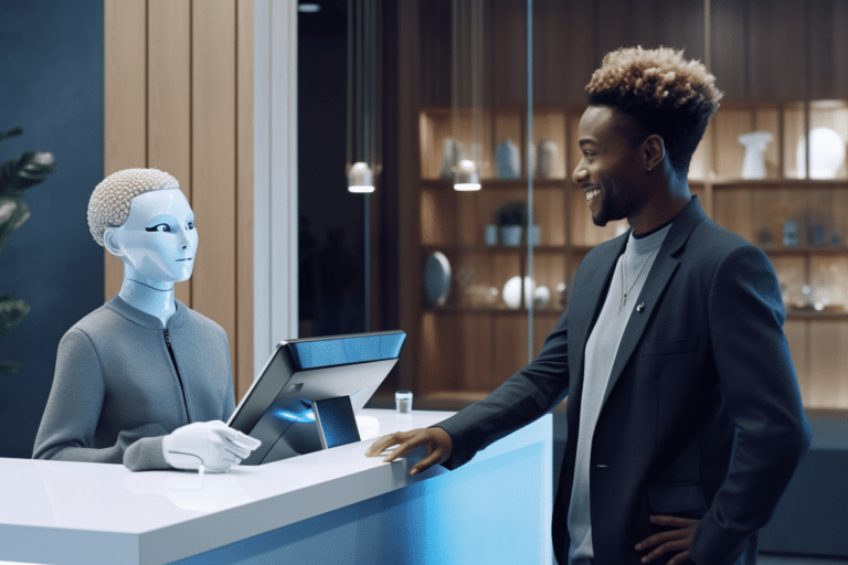 A welcoming AI receptionist interacting with a customer at a front desk